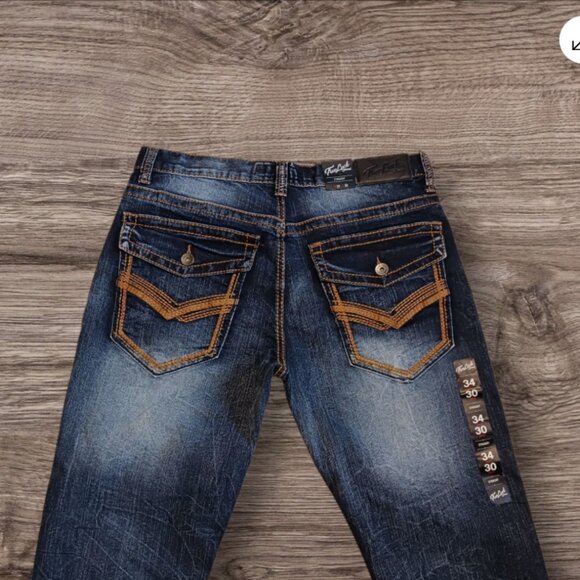 True Luck Jeans men's Stretch Straight 3 Flap Pockets blue 34x30 Embroidered - Picture 4 of 14